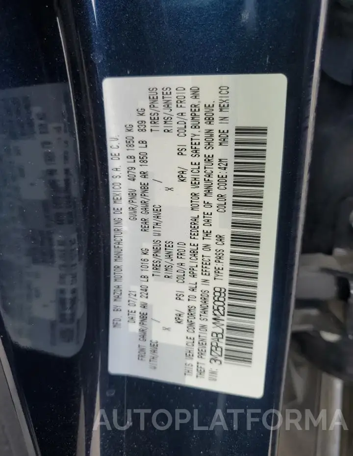 MAZDA 3 SELECT 2021 vin 3MZBPABLXMM250699 from auto auction Copart