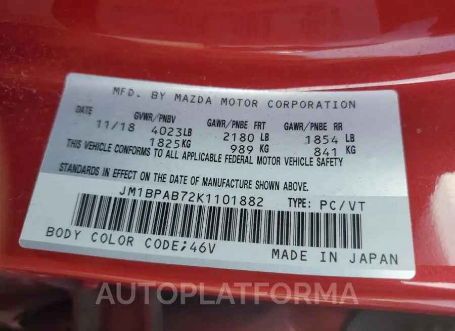 MAZDA 3 2019 vin JM1BPAB72K1101882 from auto auction Copart