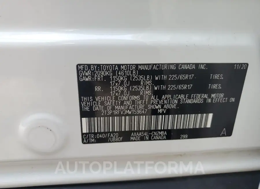 TOYOTA RAV4 XLE 2021 vin 2T3P1RFV3MW159647 from auto auction Copart