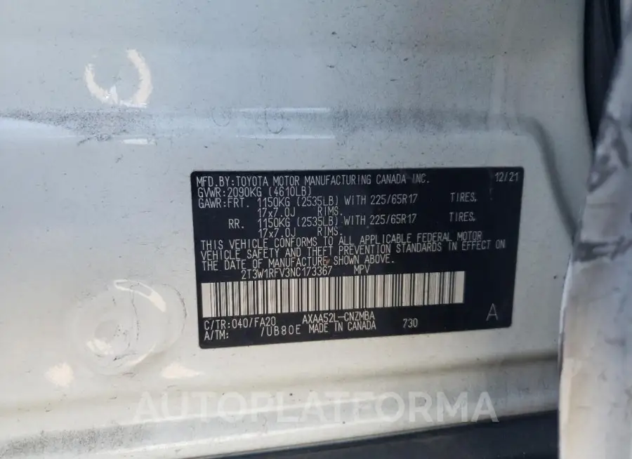 TOYOTA RAV4 XLE 2022 vin 2T3W1RFV3NC173367 from auto auction Copart