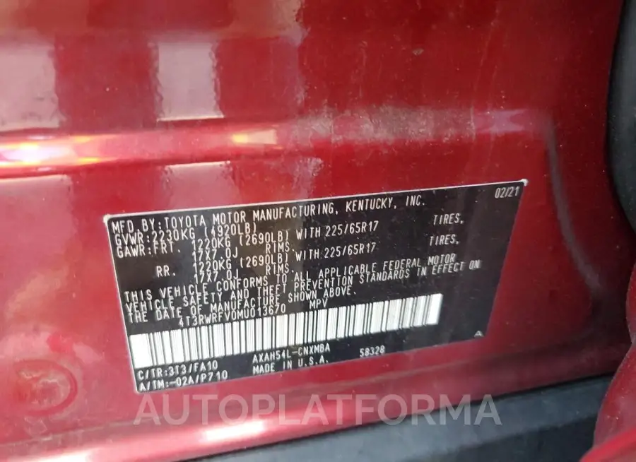 TOYOTA RAV4 XLE 2021 vin 4T3RWRFV0MU013670 from auto auction Copart