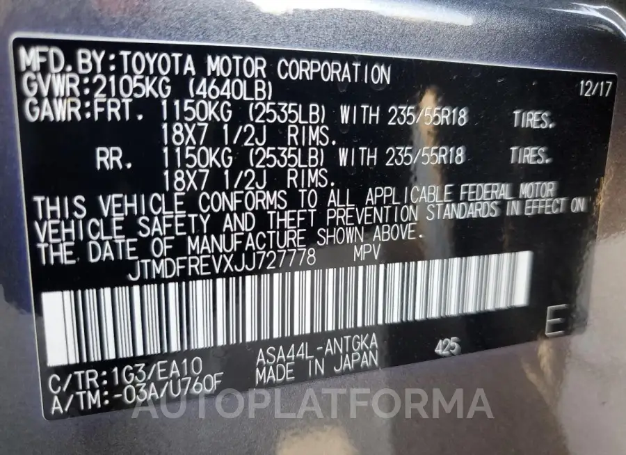 TOYOTA RAV4 LIMIT 2018 vin JTMDFREVXJJ727778 from auto auction Copart