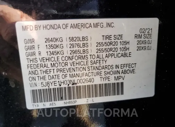 ACURA MDX A-SPEC 2022 vin 5J8YE1H03NL002640 from auto auction Copart