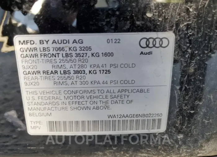 AUDI E-TRON SPO 2022 vin WA12AAGE6NB022250 from auto auction Copart