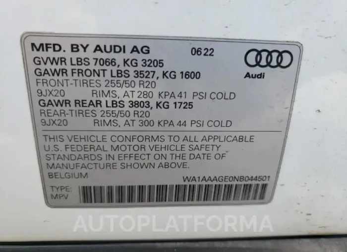 AUDI E-TRON PRE 2022 vin WA1AAAGE0NB044501 from auto auction Copart