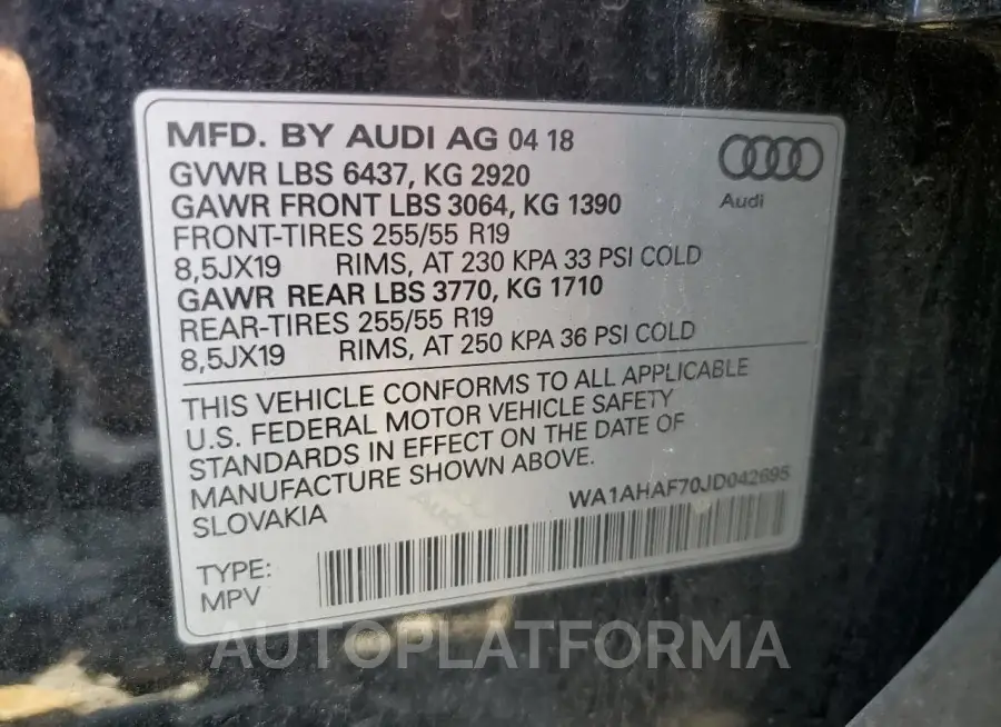 AUDI Q7 PREMIUM 2018 vin WA1AHAF70JD042695 from auto auction Copart