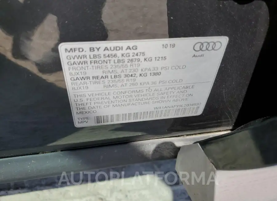 AUDI Q5 PREMIUM 2020 vin WA1ANAFY9L2034532 from auto auction Copart