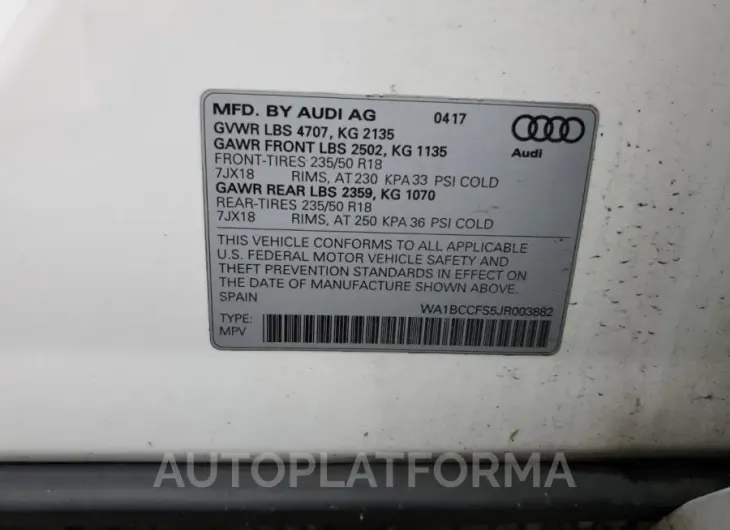 AUDI Q3 PREMIUM 2018 vin WA1BCCFS5JR003882 from auto auction Copart