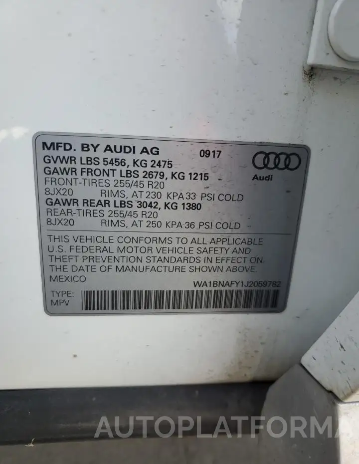 AUDI Q5 PREMIUM 2018 vin WA1BNAFY1J2059782 from auto auction Copart