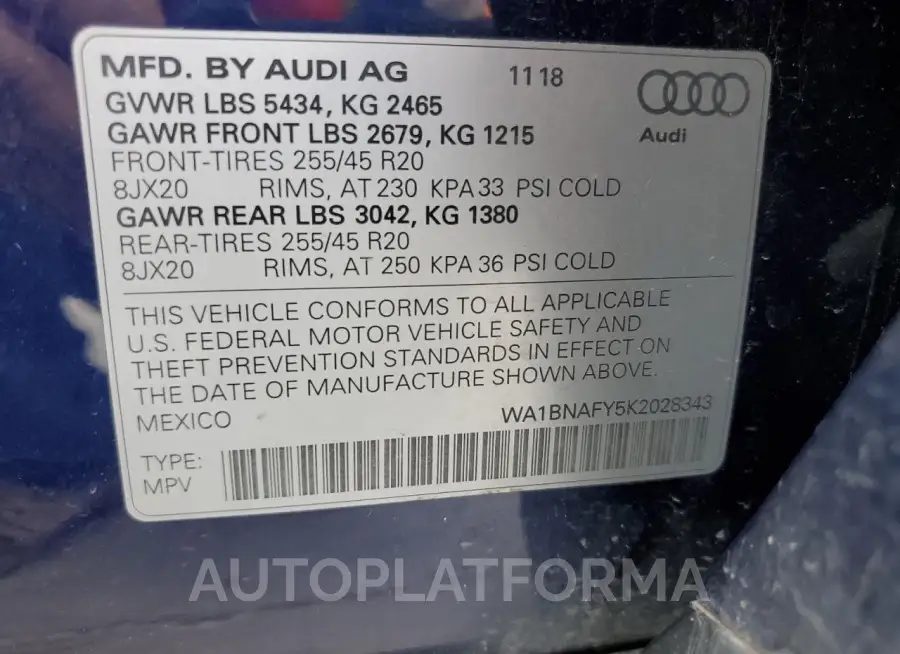 AUDI Q5 PREMIUM 2019 vin WA1BNAFY5K2028343 from auto auction Copart