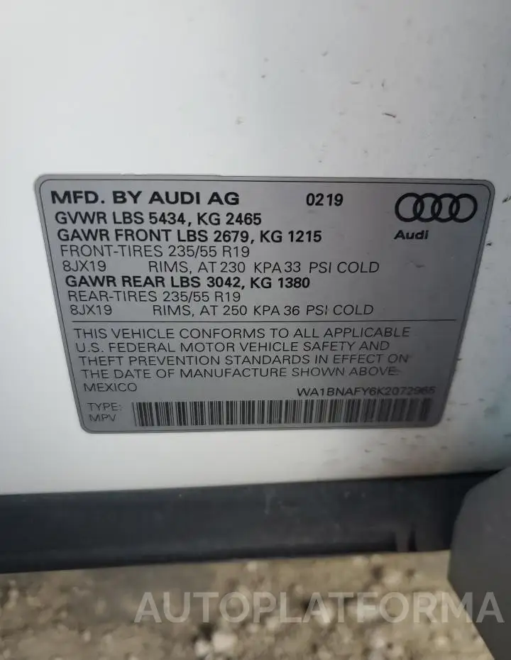 AUDI Q5 PREMIUM 2019 vin WA1BNAFY6K2072965 from auto auction Copart