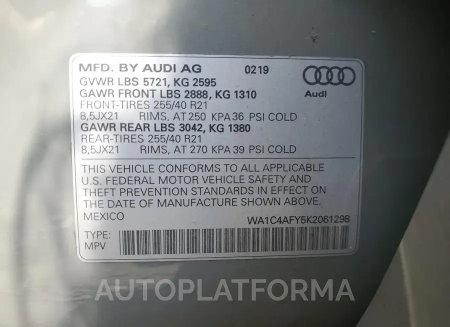 AUDI SQ5 PRESTI 2019 vin WA1C4AFY5K2061298 from auto auction Copart