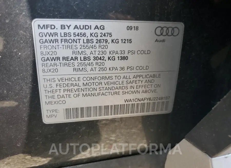 AUDI Q5 PRESTIG 2018 vin WA1CNAFY6J2248187 from auto auction Copart