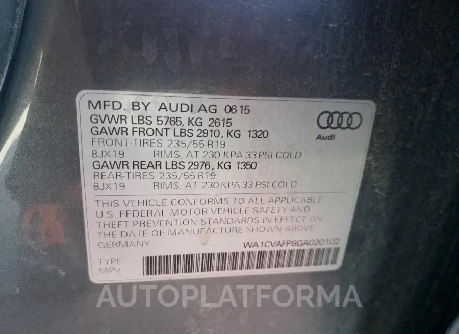 AUDI Q5 TDI PRE 2016 vin WA1CVAFP8GA020102 from auto auction Copart