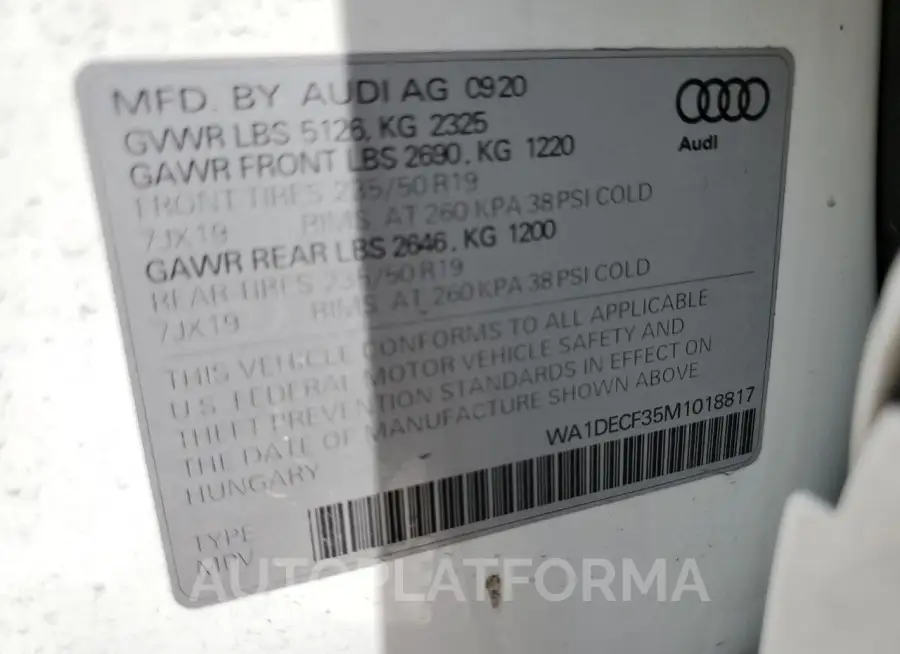 AUDI Q3 PREMIUM 2021 vin WA1DECF35M1018817 from auto auction Copart