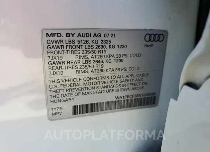 AUDI Q3 PREMIUM 2022 vin WA1EECF38N1006389 from auto auction Copart