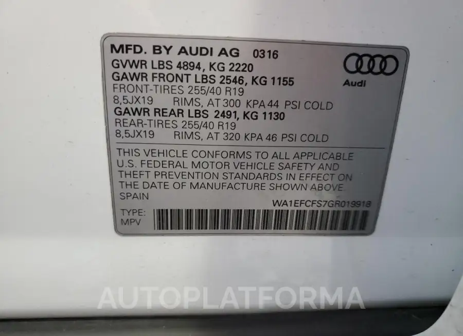 AUDI Q3 PREMIUM 2016 vin WA1EFCFS7GR019918 from auto auction Copart