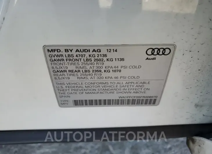 AUDI Q3 PRESTIG 2015 vin WA1FFCFS5FR008970 from auto auction Copart