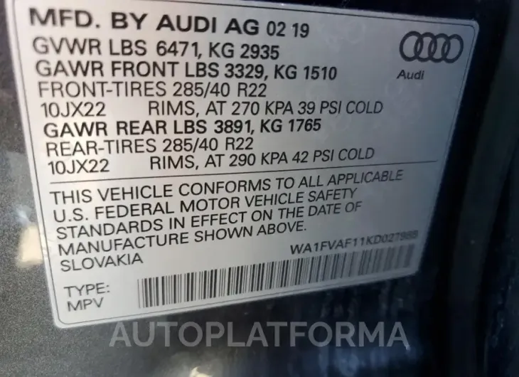 AUDI Q8 PRESTIG 2019 vin WA1FVAF11KD027988 from auto auction Copart