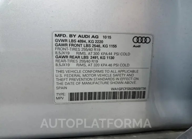 AUDI Q3 PRESTIG 2016 vin WA1GFCFS5GR009736 from auto auction Copart