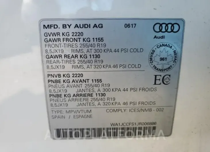 AUDI Q3 PREMIUM 2018 vin WA1JCCFS1JR006886 from auto auction Copart