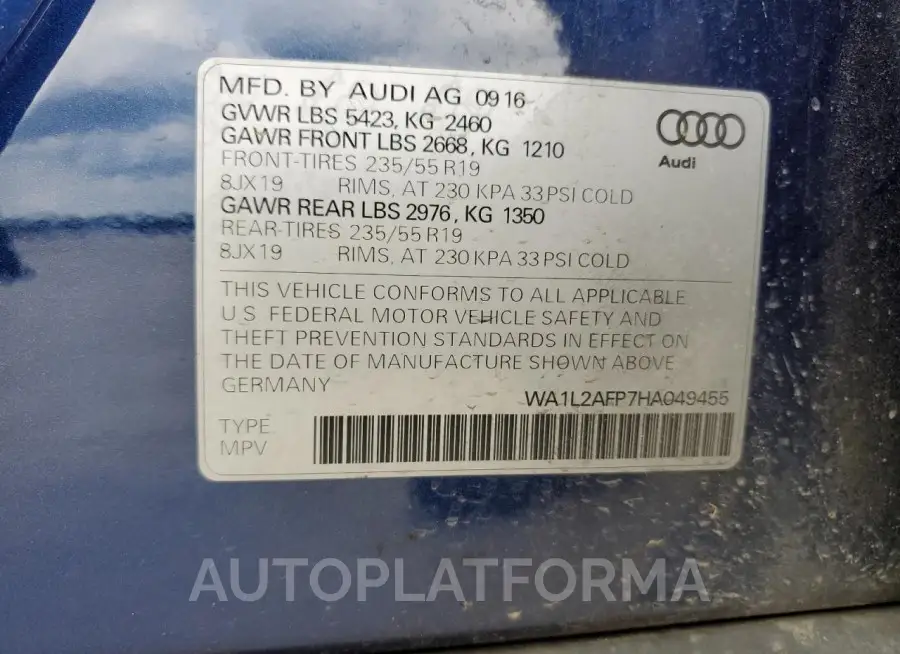 AUDI Q5 PREMIUM 2017 vin WA1L2AFP7HA049455 from auto auction Copart