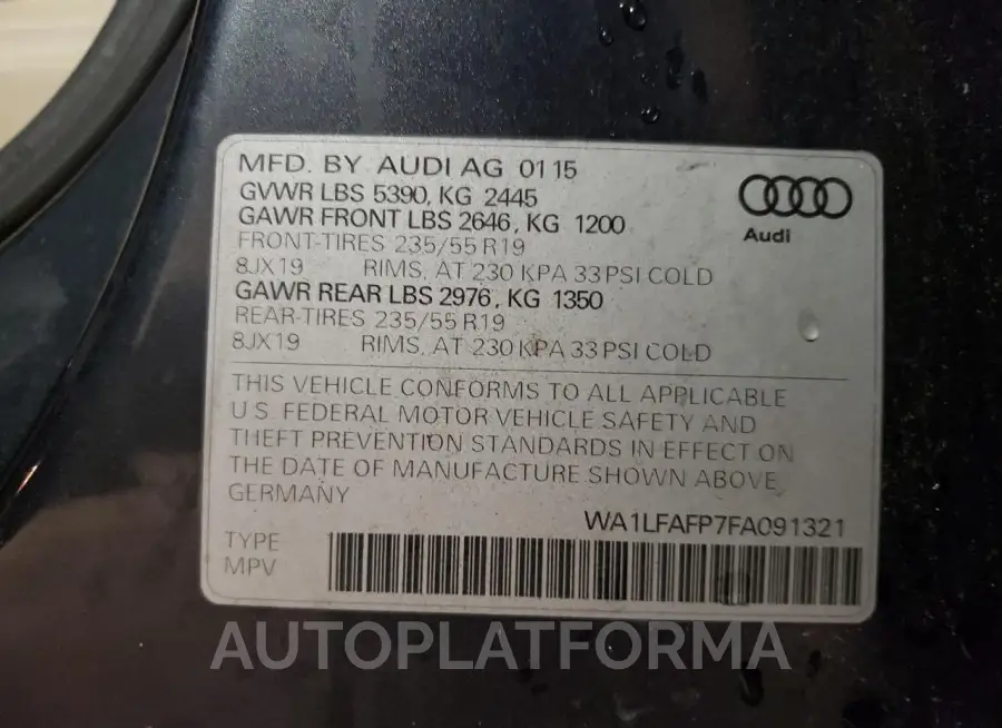 AUDI Q5 PREMIUM 2015 vin WA1LFAFP7FA091321 from auto auction Copart