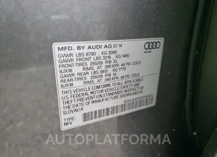 AUDI Q7 PREMIUM 2015 vin WA1LGAFE0FD004871 from auto auction Copart