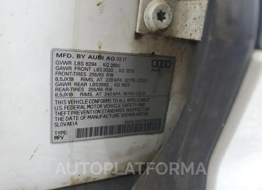 AUDI Q7 PREMIUM 2017 vin WA1LHAF75HD051038 from auto auction Copart