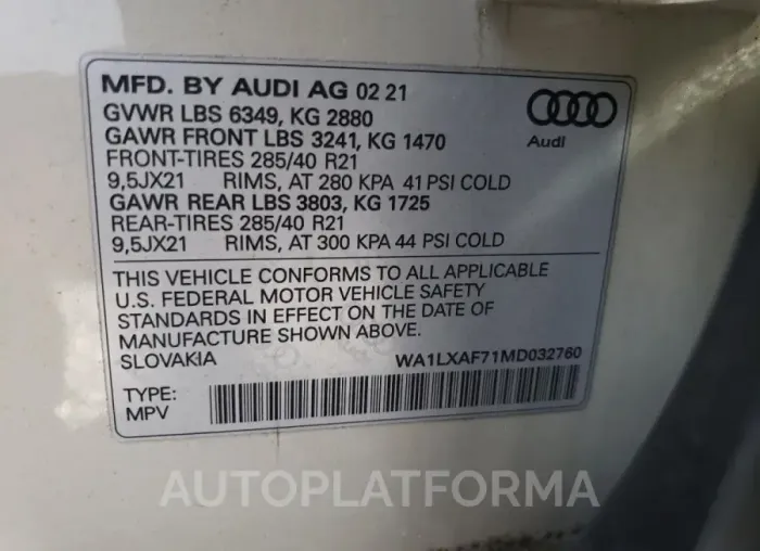 AUDI Q7 PREMIUM 2021 vin WA1LXAF71MD032760 from auto auction Copart