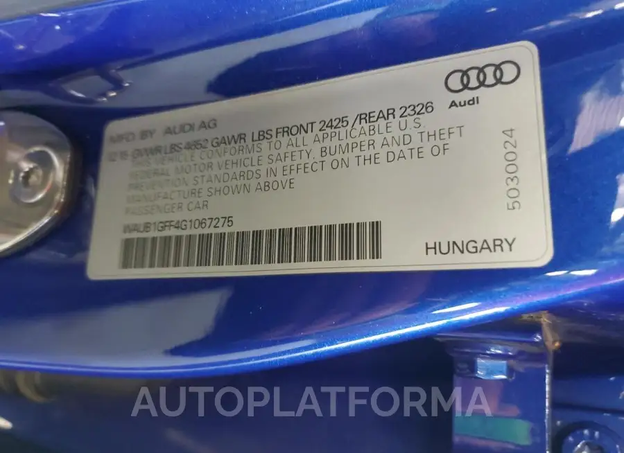 AUDI S3 PREMIUM 2016 vin WAUB1GFF4G1067275 from auto auction Copart