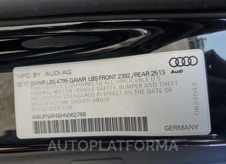 AUDI A4 PRESTIG 2017 vin WAUFNAF48HN062768 from auto auction Copart