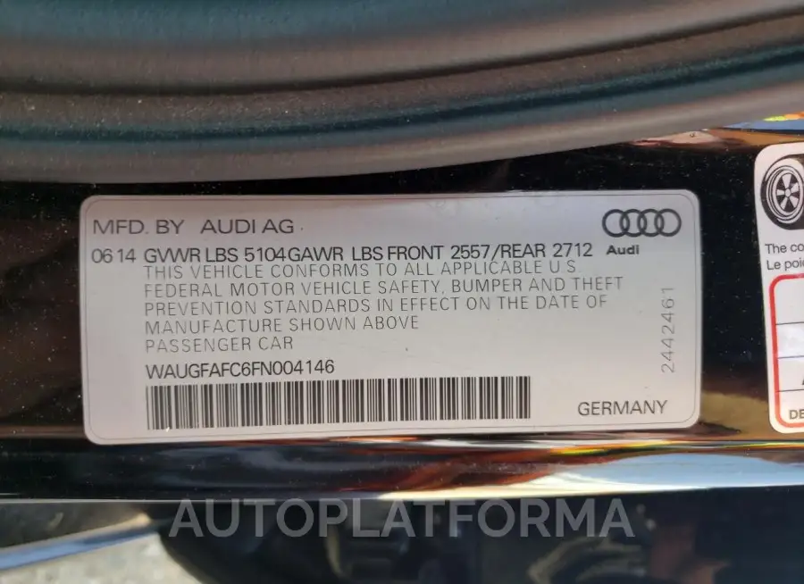 AUDI A6 PREMIUM 2015 vin WAUGFAFC6FN004146 from auto auction Copart