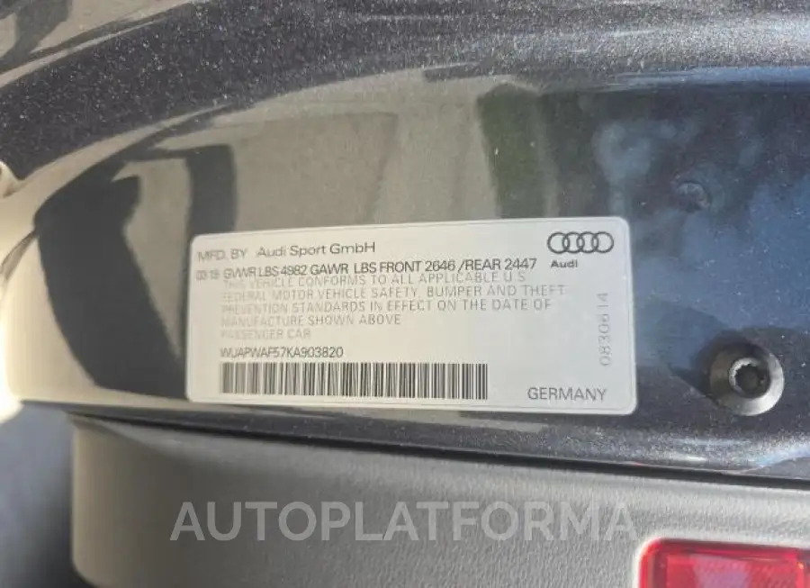 AUDI RS5 2019 vin WUAPWAF57KA903820 from auto auction Copart