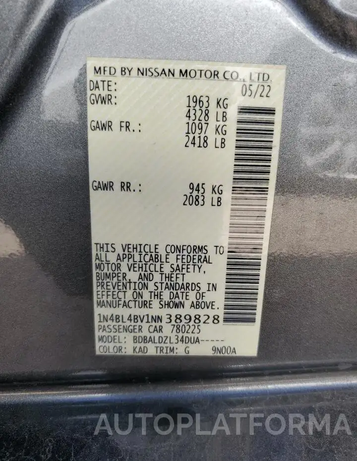 NISSAN Altima S 2022 vin 1N4BL4BV1NN389828 from auto auction Copart