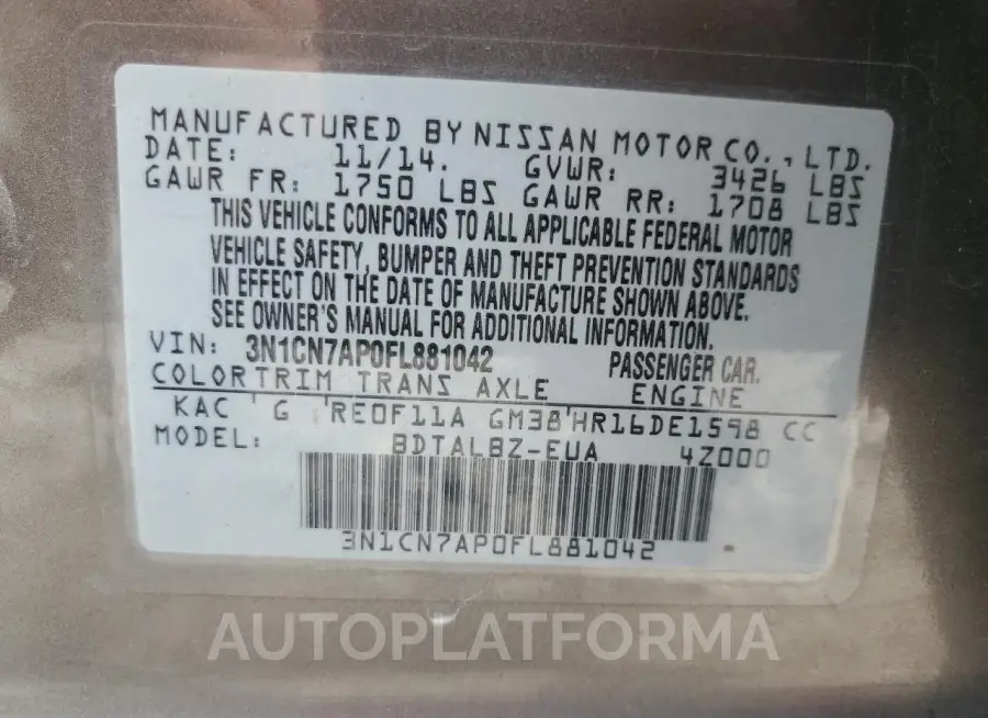 NISSAN VERSA S 2015 vin 3N1CN7AP0FL881042 from auto auction Copart