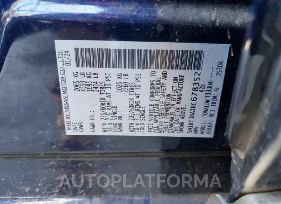 NISSAN ROGUE SV 2024 vin 5N1BT3BA1RC678352 from auto auction Copart