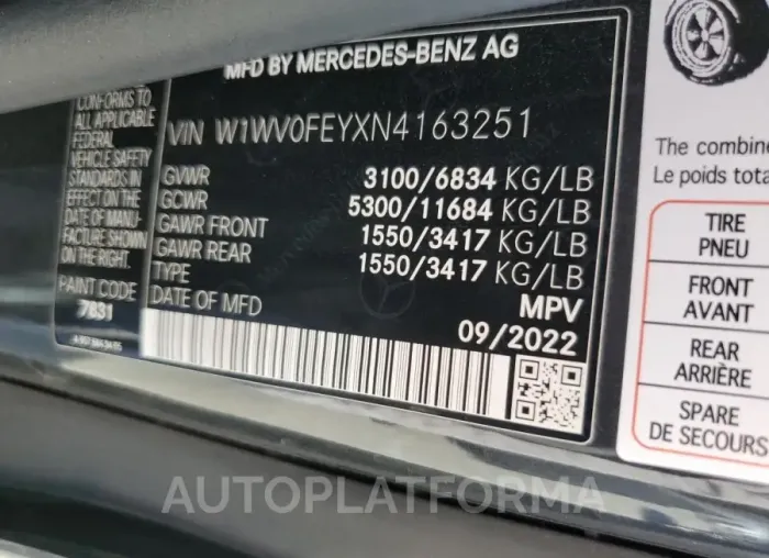 MERCEDES-BENZ METRIS 2022 vin W1WV0FEYXN4163251 from auto auction Copart