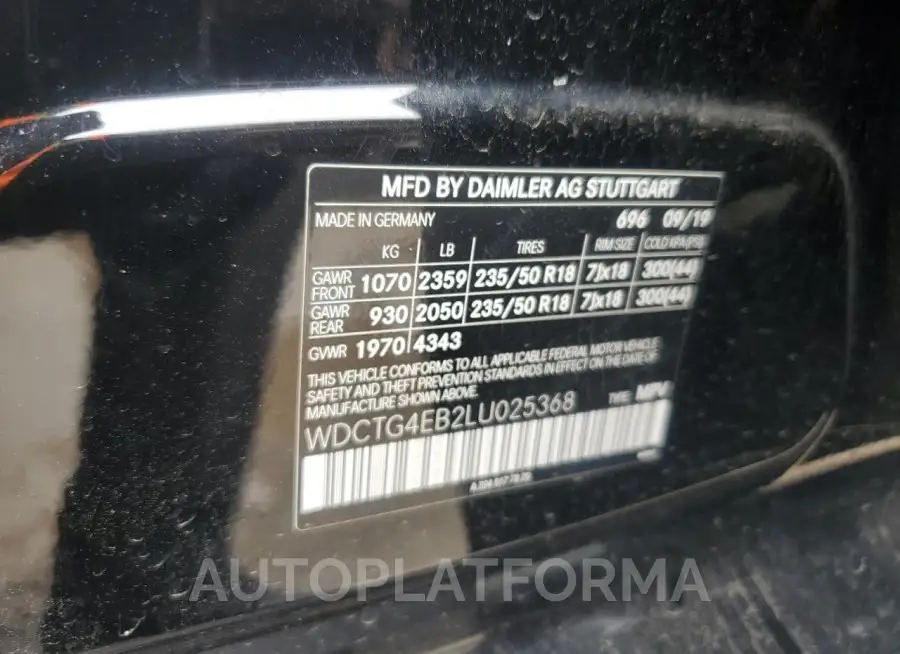 MERCEDES-BENZ GLA 250 2020 vin WDCTG4EB2LU025368 from auto auction Copart