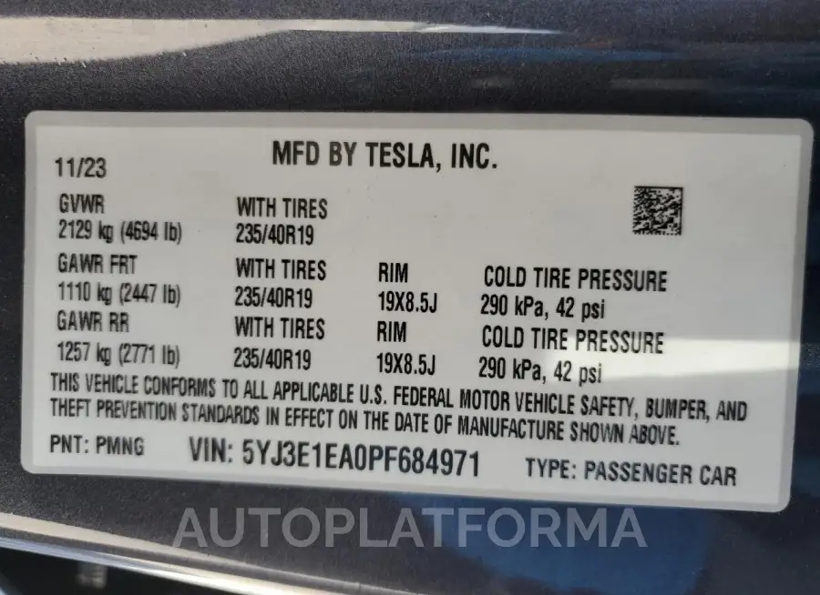 TESLA MODEL 3 2023 vin 5YJ3E1EA0PF684971 from auto auction Copart