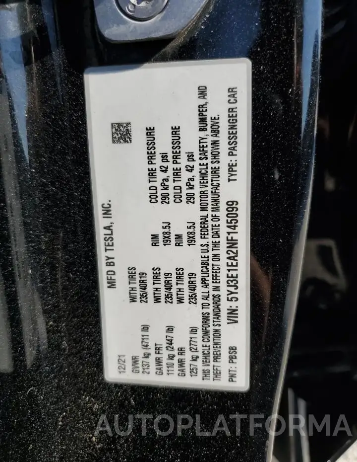 TESLA MODEL 3 2022 vin 5YJ3E1EA2NF145099 from auto auction Copart