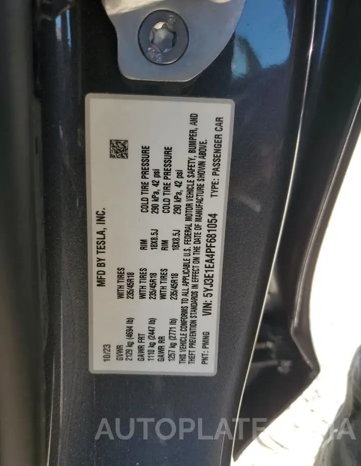 TESLA MODEL 3 2023 vin 5YJ3E1EA4PF681054 from auto auction Copart