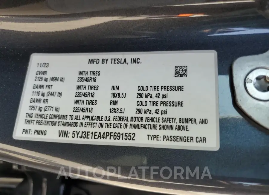 TESLA MODEL 3 2023 vin 5YJ3E1EA4PF691552 from auto auction Copart