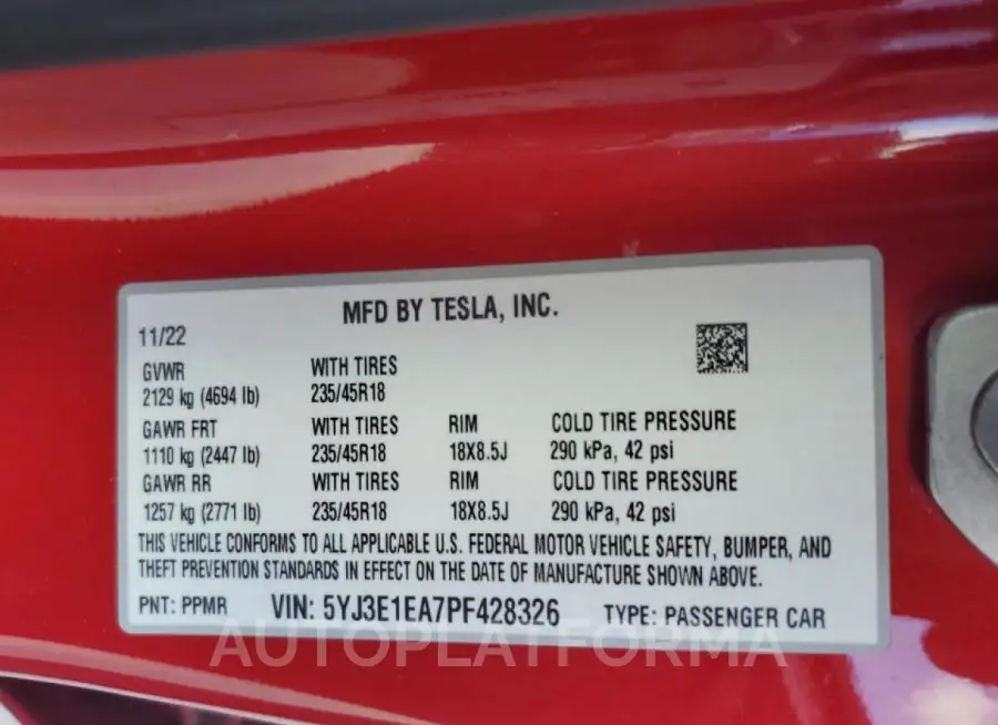 TESLA MODEL 3 2023 vin 5YJ3E1EA7PF428326 from auto auction Copart