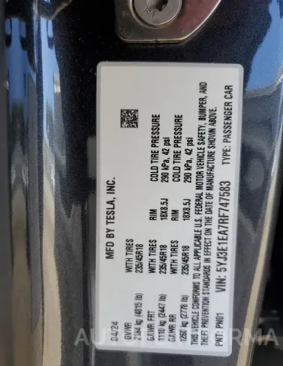 TESLA MODEL 3 2024 vin 5YJ3E1EA7RF747583 from auto auction Copart