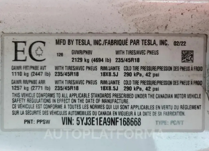 TESLA MODEL 3 2022 vin 5YJ3E1EA9NF168668 from auto auction Copart