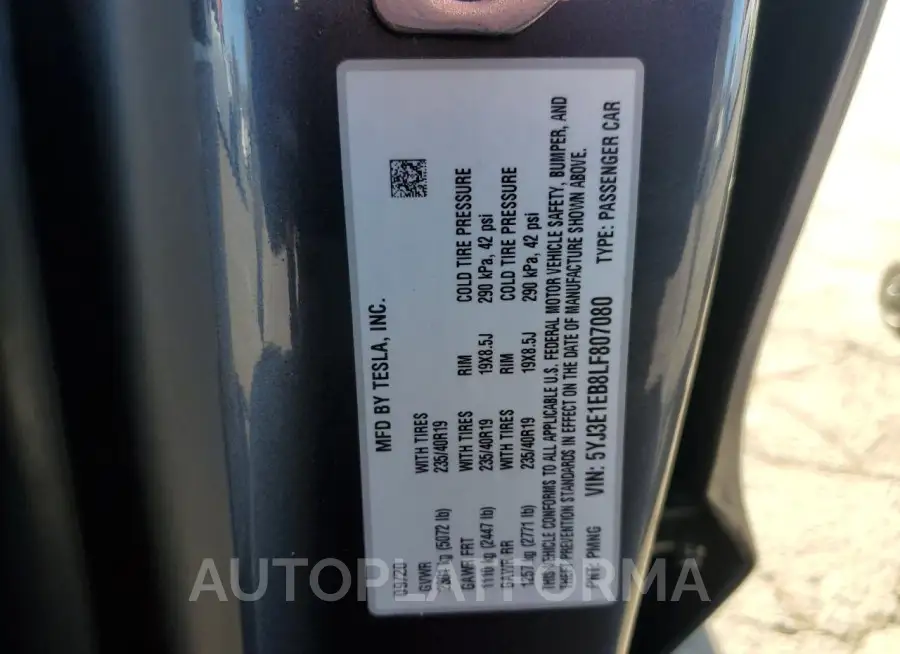 TESLA MODEL 3 2020 vin 5YJ3E1EB8LF807080 from auto auction Copart