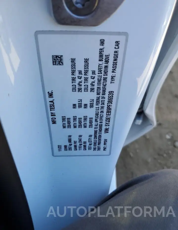 TESLA MODEL 3 2023 vin 5YJ3E1EB9PF386539 from auto auction Copart