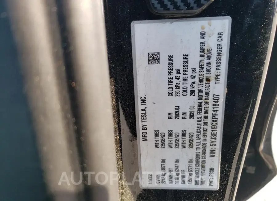 TESLA MODEL 3 2023 vin 5YJ3E1ECXPF418407 from auto auction Copart