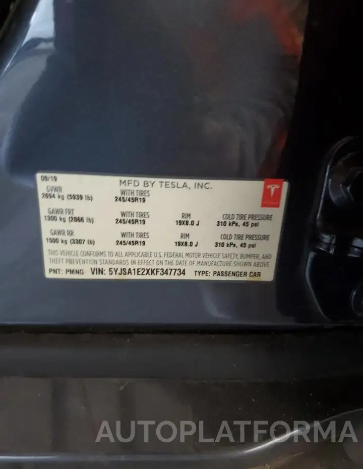 TESLA MODEL S 2019 vin 5YJSA1E2XKF347734 from auto auction Copart